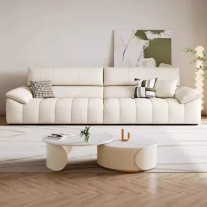 Italian Minimalist Cream Leather Sofa Set First Layer Cowhide with Red Network Model for Small Hotel Living Room Apartment