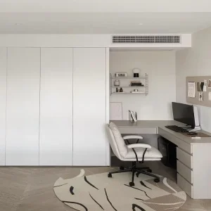 Italian Minimalist Floor To Ceiling Desk Book Storage Bespoke Hidden Drawer Design for Luxury Penthouse Private Work Space