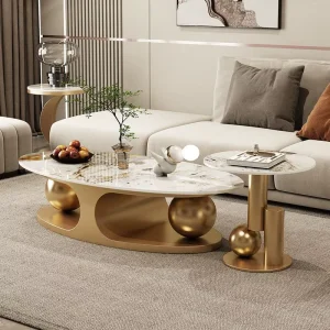 Italian Minimalist Glossy Stone Slab Oval Coffee Table Light Luxury Movable Metal Frame Simple Home Double Ball Livingroom Table