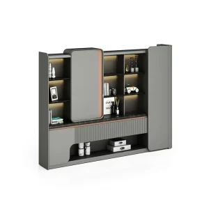 Italian Minimalist Grey Wood Veneer Bookcase With Drawer LED Lighting Open Storage Display Cabinet for Villa Study Room
