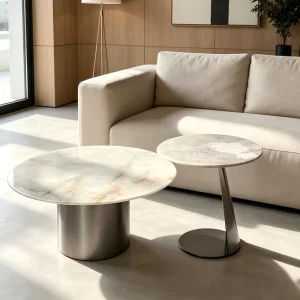 Italian Minimalist Marble Nesting Round Coffee Table with Quartz Stone Top Designer Accent Side Table for Villa Hotel