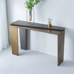Italian Minimalist Metal Console Table Bronze Finish Frame Wood Top Entrance Accent Table for Home Hotel