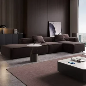 Italian Minimalist Modern Fabric Sofa Frosted Tech Fabric Tofu Block Square 3 Seater Straight Sofa in Coffee Color
