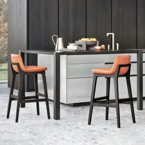 Italian Minimalist Modern Non Adjustable Bar Stool Solid Wood Genuine Leather Without Armrest Home Use
