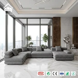 Italian Minimalist Modular Sectional Sofa Triple Tiered Stacked Bolster Rolls Charcoal Tweed Landscape U Shape Lounge Couch