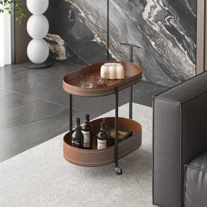 Italian Minimalist Saddle Leather Mobile Trolley Side Table Compact for Penthouse Suite Living
