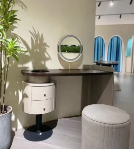 Italian Minimalist Solid Wood Vanity Table Set with Curved Matte Top Rotatable Cube Drawer for Bedroom & Bathroom