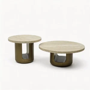 Italian Minimalist Travertine Marble Round Coffee Table in Cream Beige for Living Room