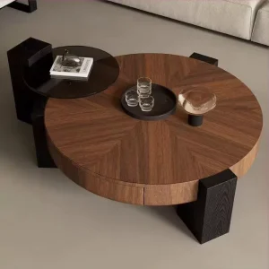 Italian Minimalist Walnut Wood Round Coffee Table Set Mid century Designer Luxury Center Table for Home Living Room Study Table