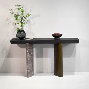 Italian Modern Console Table Bronze and Marble Base Black Wooden Entry Table Hallway Furniture