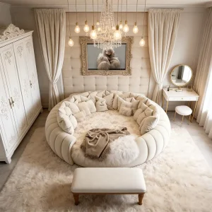 Italian Modern Luxury Round Bed Soft Cream Puff Style King Size Wedding Princess Upholstered Furniture Master Bedroom Hotel