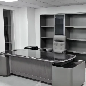 Italian Style Black PVC Executive Set Modern Curve Desk With High Back Boss Chair Commercial Office Furniture