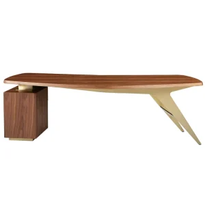 Italian Style Durable 3 Drawers Computer Desk with Walnut Veneer and Champagne Gold Finish for Office Apartment Furniture