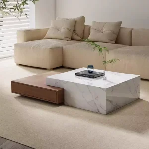 Italian Style Marble Coffee Table Square Sintered Stone Top Center Table with Wooden Drawers for Villa Project
