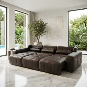 Italian Style Minimalist Genuine Leather Sofa Bed with Voice Function Multi Purpose Extendable Filled Sponge for Hotel Park Use