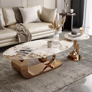 Italian Style Modern Minimalist Stone Coffee Table with Metal Frame for Living Room Simple Design Light Luxury Oval Tea Table