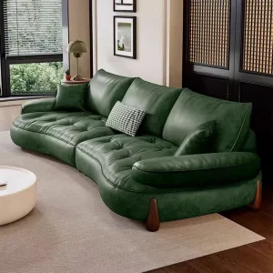 Italian Style Retro Green Sofa Leather Light Luxury Cowhide Simple Design Small Apartment Straight Row Couch Living Room Sofas