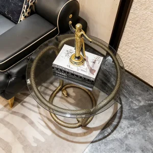 Italian Style Round Solid Copper Serpentine Shaped Coffee Table with Tempered Glass