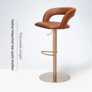 Italian Top-Grade Cowhide Genuine Leather Bar Stool High-Back Adjustable Height Stainless Steel Frame