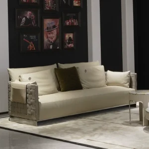 Italian Woven Genuine Leather Straight Sofa Retro Light Luxury Three seater Couch for Home Living Room