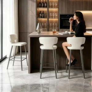 Italian style Leather Bar Stool for Living Room Modern Minimalist High end with Stainless Steel Frame