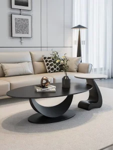 Italian-style Light-luxury Oval Quartzite Stone Coffee Table Metal Frame Designer Modern Minimalist Creative End Table for Home