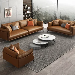 Italy Light Luxury Orange Grain Leather Office CEO Room Furniture Office Reception PU Leather Sofa Set