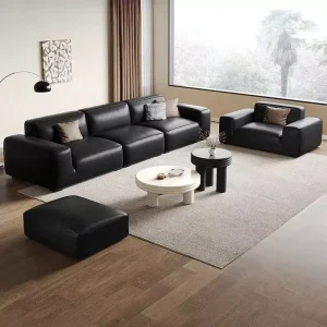 Italy Style Modern Minimalist Genuine Leather Black Three Seat Sofa for Apartment Villa Home or Office