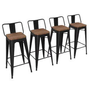 JBD 9 Set of 4 30 Inch Bar Stools With Wood Seat and Low Back Modern Design Matte Black Metal Bar Chairs for Home Bar