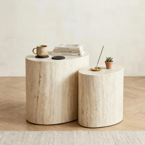 Japandi Modern Minimalist Wabi Sabi MDF Travertine Style Coffee Table Oval Nesting Side Tables Set Living Room Decor