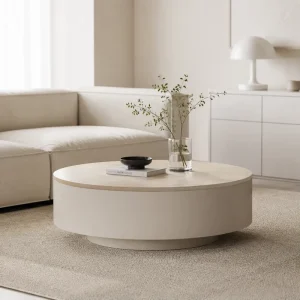 Japandi Style Round Coffee Table with Travertine & Beige Texture Premium Home Decor Minimalist Choice Factory Direct