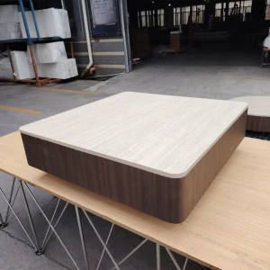 Japandi Style Square CurvedCoffee Table with Travertine & Walnut Texture Premium MDF Material Easy to Clean Factory Direct