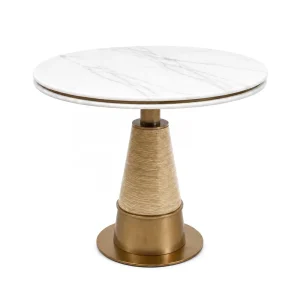 Japandi White Marble Round Table Designer Bistro Table with Gold Tapered Column for Luxury Apartment Dining Area