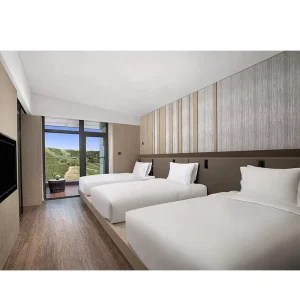 Japanese Contemporary Solid Birch Wood Super King & Queen Size Triple Bed Hotel Bedroom Suite Furniture Set
