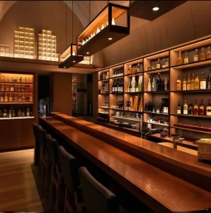 Japanese Restaurant Sushi Bar Counter Custom Solid Wood Izakaya Table LED Lighting Wall Wine Display Cabinet for Japanese Bar