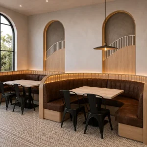Japanese Style Bistro Metal Furniture Restaurant Tables and Iron Chairs Cafe Round Upholstered Booth Seating for Coffee Shop