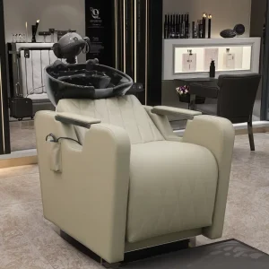 Japanese Style Black PU Leather Shampoo Chair with White Bowl Massage Hair Spa Washing Chair for Barber Shop