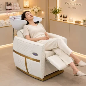 Japanese Style Seated Hair Shampoo Bed PU Leather Barber Shampoo Chair with Ceramic Basin for Salon