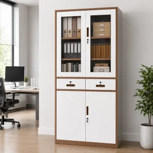 KD Structure Two Tone Steel Office Cabinet Knock down Metal File Cupboard with 2 Drawers and Glass Doors Flat Packed