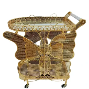 KIKA Midcentury Iron Hotel Gold Trolley 4 Wheels Eco Friendly Commercial Dining Cart for Hotels Kitchens Living Rooms 3 Shelves