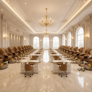Kangmei Modern Luxury Nail Salon Furniture Whirlpool Pipeless Foot Spa Massage Light Brown Manicure Table and Pedicure Chair Set