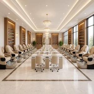 Kangmei Nail Salon Furniture Luxury Beige Whirlpool Pipeless Foot Spa Massage Nail Table and Pedicure Chair Set