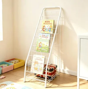 Kids Book Storage Rack White Metal Wire Magazine Display Rack Freestanding Children Picture Book Shelf