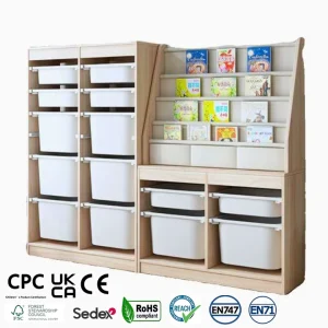 Kids Floor standing Bookshelf with Picture Book and Toy Storage Woodcrafts Organizer for Kindergarten