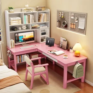 Kids’ L-Shaped Desk With Bookshelf Corner Study Table Children’s Computer Desk With Hutch for Bedroom School Modern