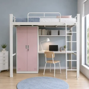 Kids Metal Loft Bed With Desk and Wardrobe Colorful Steel Bunk Bed With Safety Guardrail for Children Bedroom Furniture