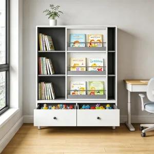 Kids Multi-Functional Space-Saving Eco-Friendly Wood Bookshelf Drawers Modern Home Office Bedroom/Playroom/Nursery Children’s