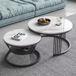 Kinetic Nesting Modern Extendable Marble & Metal Coffee Table Living Room Furniture Ribbed Metal Base