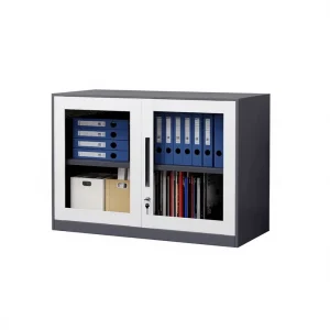 Knock Down Two Tone File Cabinet Gray & White Steel Low Cabinet with Double Glass Door Lockable for Financial Documents