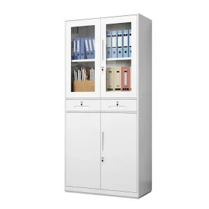 Knock Down White 2 Section Steel File Cabinet with 2 Drawers and Adjustable Shelves Lockable Storage for Files and Financial Docs